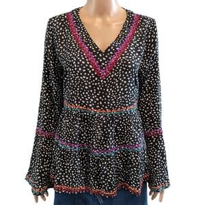 NEW Savannah Jane Sz M Black & White Leopart Print Tunic Colored Embroidery Boho